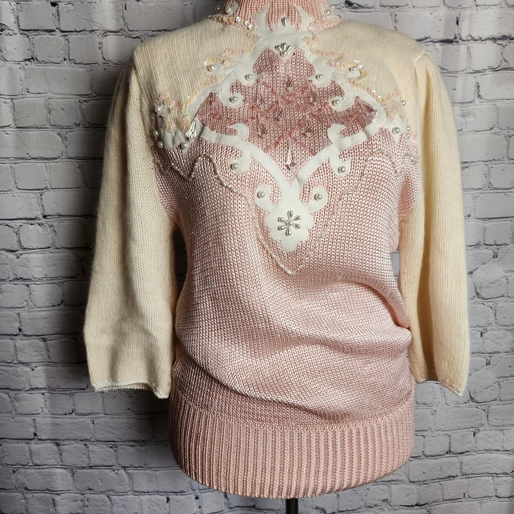 Light Pink Lambswool Blend Angora with Faux Pearl Beading and Crystals, Romance